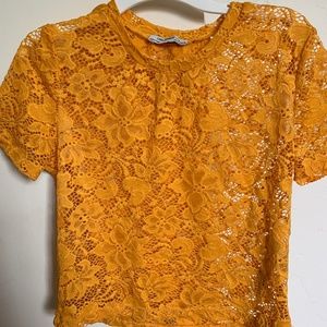 Zara Trafaluc Yellow Lace Crop Tee